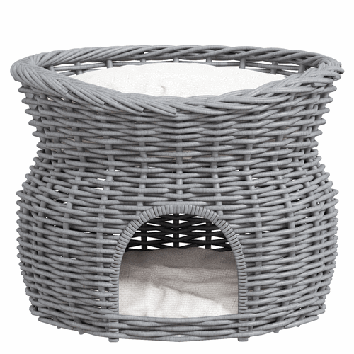 PawHut 2-Tier Elevated Pet Cushion Bed Basket Willow Cat Tree House Condo Kennel PawHut