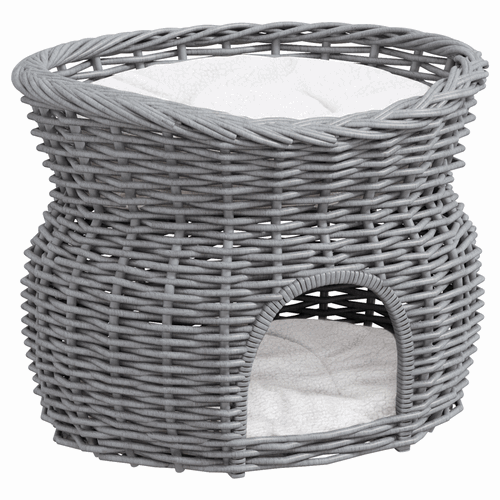 PawHut 2-Tier Elevated Pet Cushion Bed Basket Willow Cat Tree House Condo Kennel PawHut