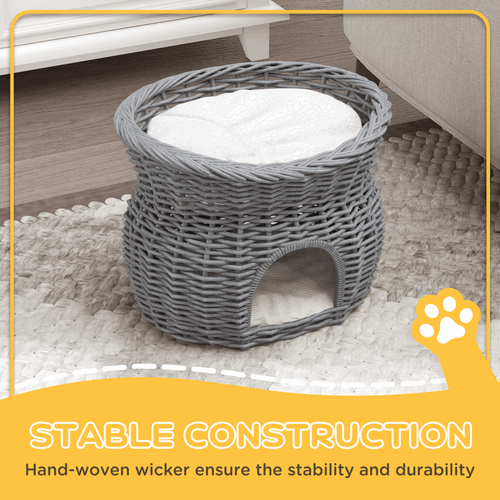 PawHut 2-Tier Elevated Pet Cushion Bed Basket Willow Cat Tree House Condo Kennel PawHut