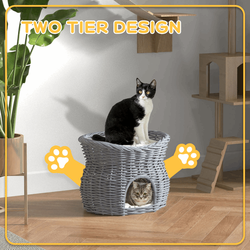 PawHut 2-Tier Elevated Pet Cushion Bed Basket Willow Cat Tree House Condo Kennel PawHut