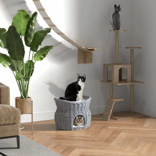 PawHut 2-Tier Elevated Pet Cushion Bed Basket Willow Cat Tree House Condo Kennel PawHut