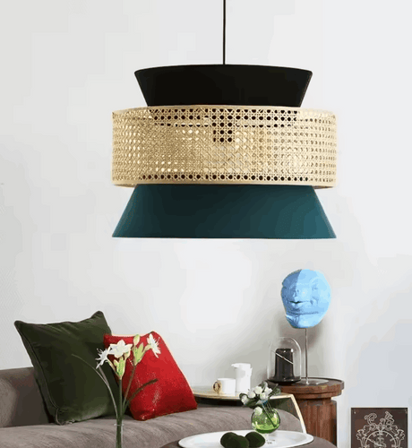 Stylish Nisu Home Pendant Lamp in black, rattan, and teal, perfect for modern living spaces