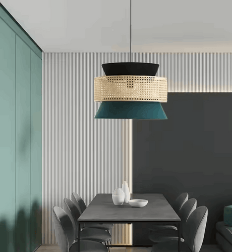 Nisu Home Pendant Lamp with a stylish design featuring black, teal and woven rattan elements