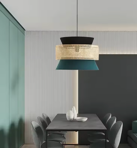 Nisu Home Pendant Lamp with a stylish design featuring black, teal and woven rattan elements