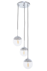 Orsina Modern Pendant Light with Three Clear Glass Spheres and Chrome Fixtures