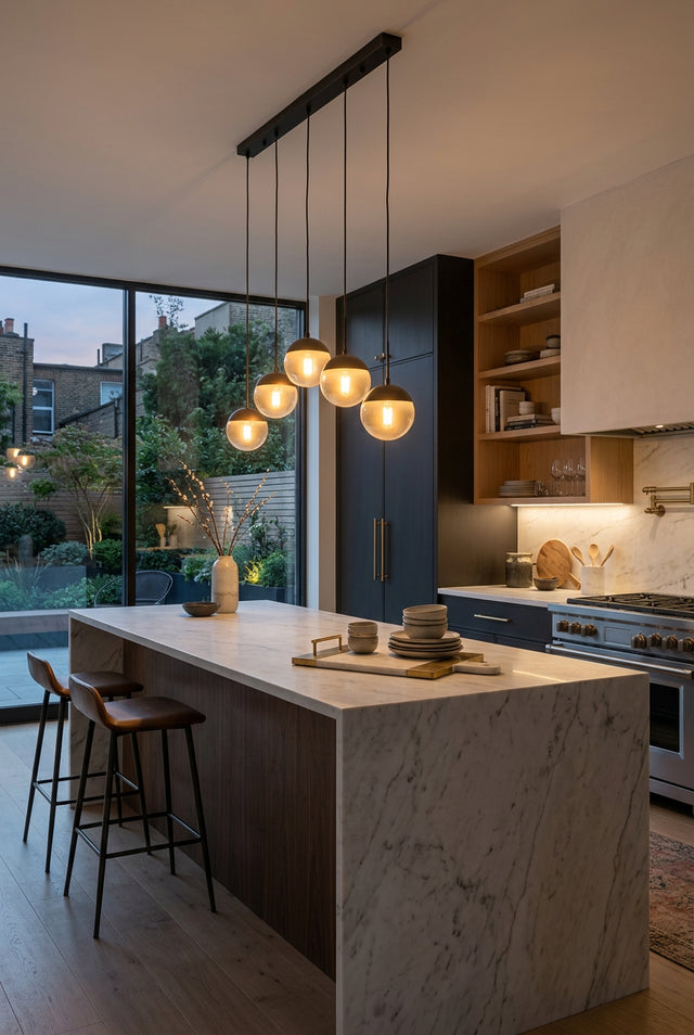 Orsina pendant light in a modern kitchen with five glowing orbs above a marble island