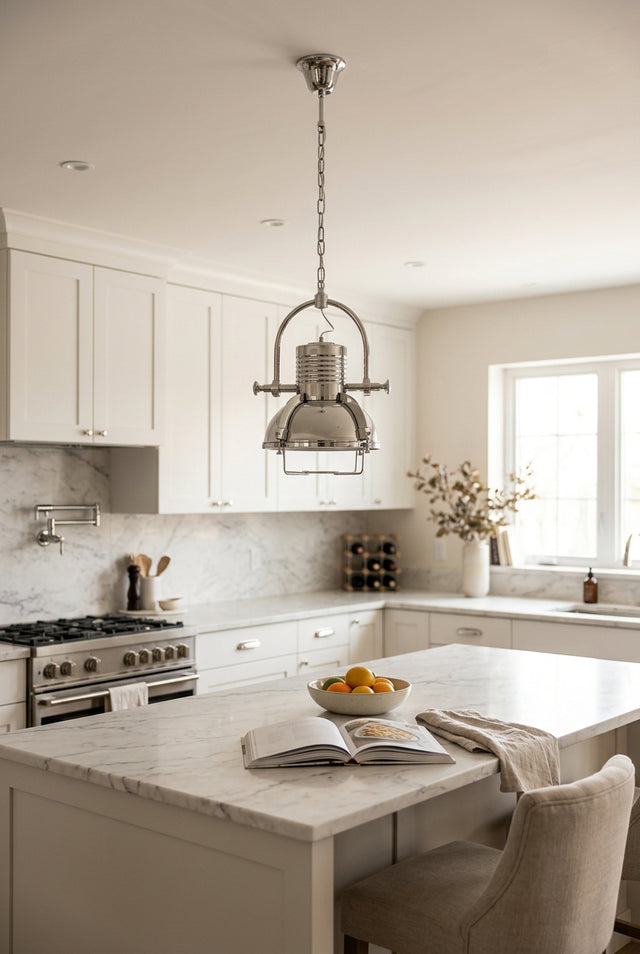 Orsina Pendant Light in a modern kitchen with white cabinetry and marble countertops