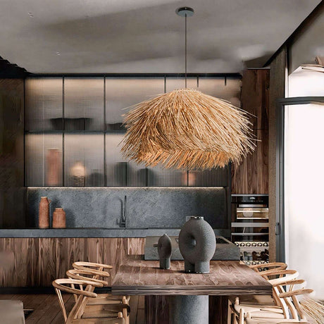 Nisu Home Pendant Light with a natural straw design, perfect for modern kitchen decor