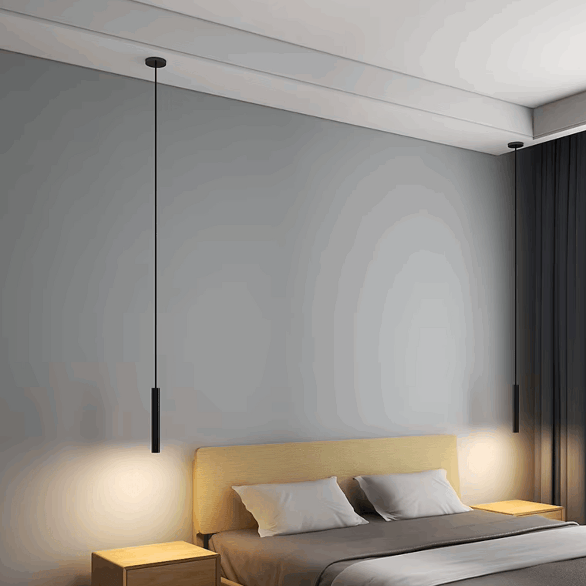 Stylish Pendant Light hanging from the ceiling in a modern bedroom setting