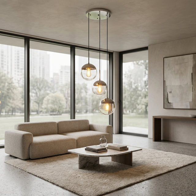 Orsina Pendant Light with three glass shades, perfect for modern living room decor