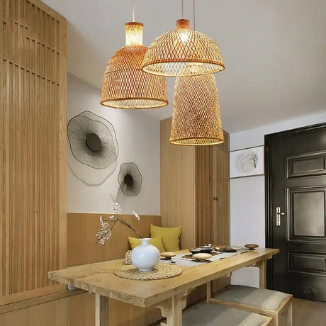 Natural Woven Pendant Light in a Modern Dining Room with a Stylish Wooden Table