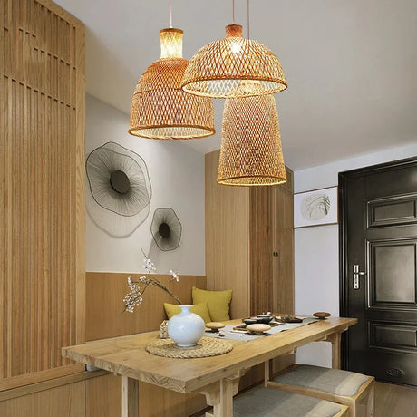 Natural Woven Pendant Light in a Modern Dining Room with a Stylish Wooden Table