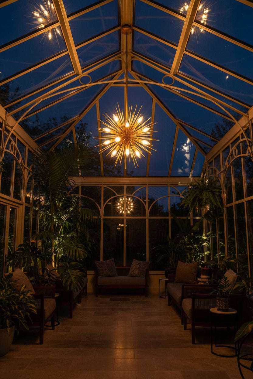 Stunning Orsina pendant light illuminating a modern conservatory with lush greenery