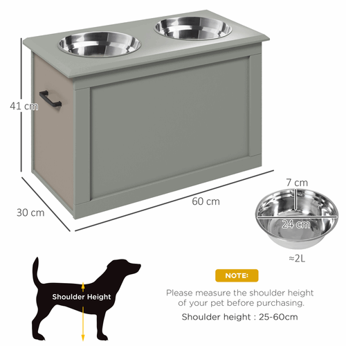 Raised Dog Bowls With Storage, Two Bowls, Elevated Base - Grey PawHut