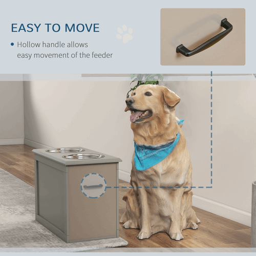 Raised Dog Bowls With Storage, Two Bowls, Elevated Base - Grey PawHut