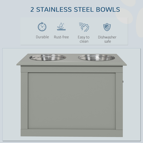 Raised Dog Bowls With Storage, Two Bowls, Elevated Base - Grey PawHut