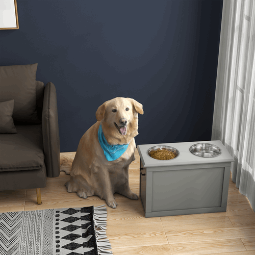 Raised Dog Bowls With Storage, Two Bowls, Elevated Base - Grey PawHut