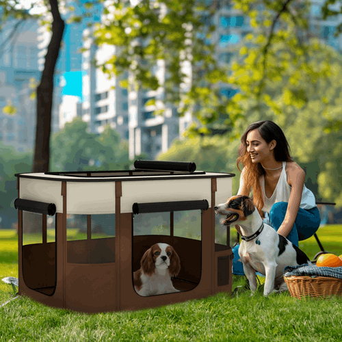 PawHut Portable Dog Pen for Puppies, Rabbits, Kittens, Guinea Pigs - Brown PawHut