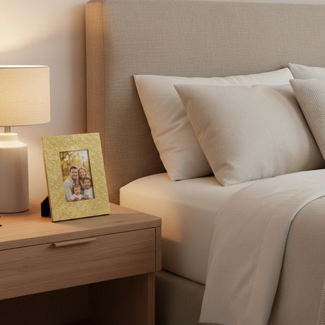 Orsina gold photo frame on bedside table next to lamp, displaying a family picture in a cozy bedroom