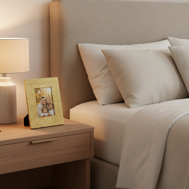 Orsina gold photo frame on bedside table next to lamp, displaying a family picture in a cozy bedroom