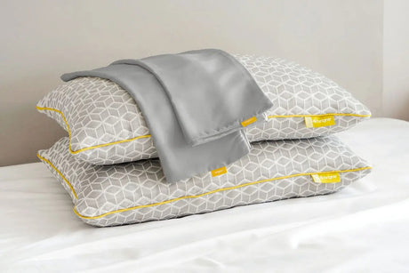 Brightr Sleep memory foam pillows with adjustable support and a grey pillowcase bundle for comfort