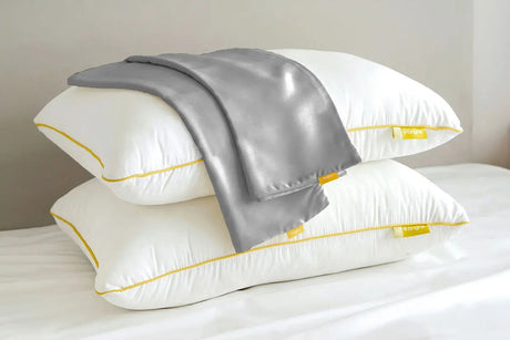 Brightr Sleep Pillowcase Bundle featuring two adjustable hypo-allergenic pillows with grey silk pillowcases
