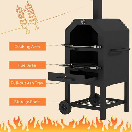 Outsunny Outdoor Pizza Oven Charcoal Grill with Rain Cover, Shelf and Wheels Outsunny