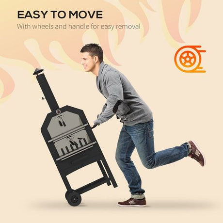 Outsunny Outdoor Pizza Oven Charcoal Grill with Rain Cover, Shelf and Wheels Outsunny