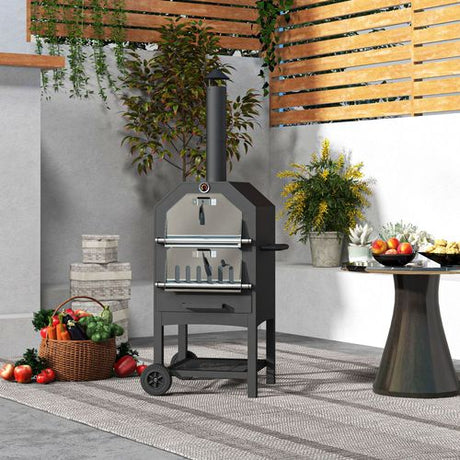 Outsunny Outdoor Pizza Oven Charcoal Grill with Rain Cover, Shelf and Wheels Outsunny