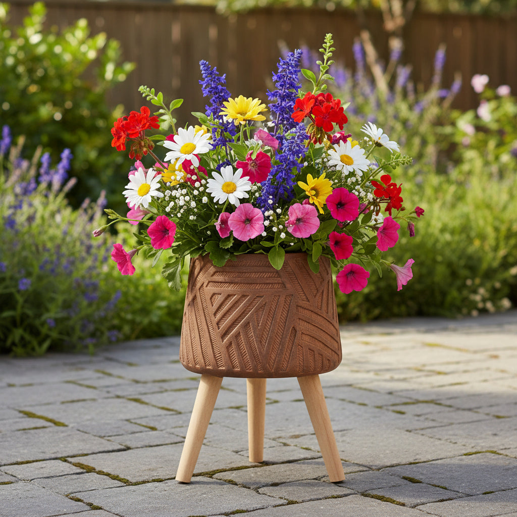 Orsina Planter with Colourful Flowers on Wooden Stand in a Garden Setting