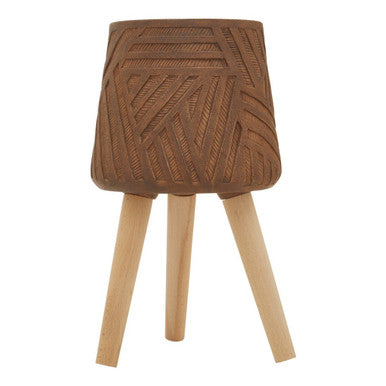 Orsina textured terracotta planter on wooden tripod legs for stylish indoor decor