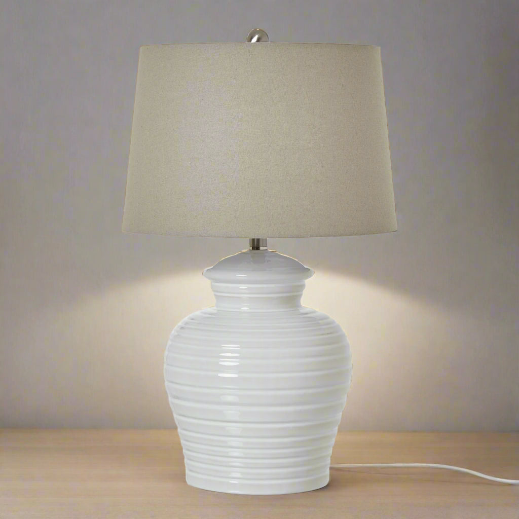 White Ceramic Pot Lamp With Linen Shade GREEN CERAMIC Shades 4 Seasons