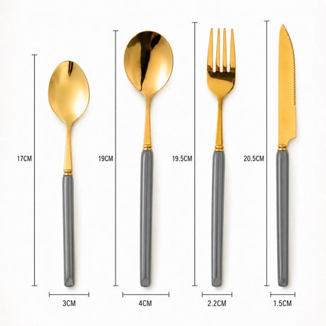 KitchBoom Elegant Gold Cutlery Set with Grey Handles and Dimensions for Stylish Dining