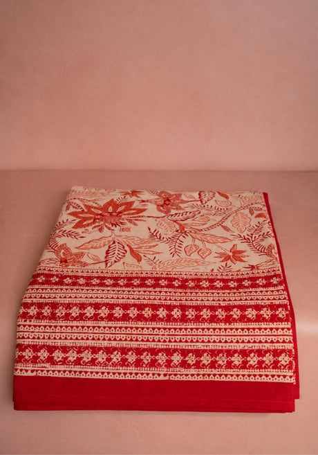 Casa by Josephine Jenno Tablecloth with Floral Design and Red Trim for Stylish Dining Decor