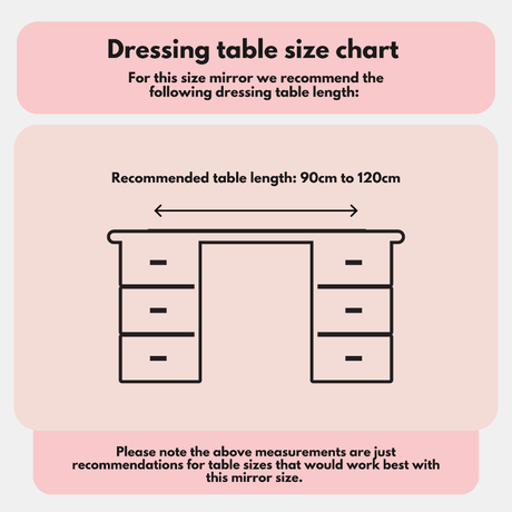Dressing table size chart for Pro Mirror, recommending table length of 90cm to 120cm