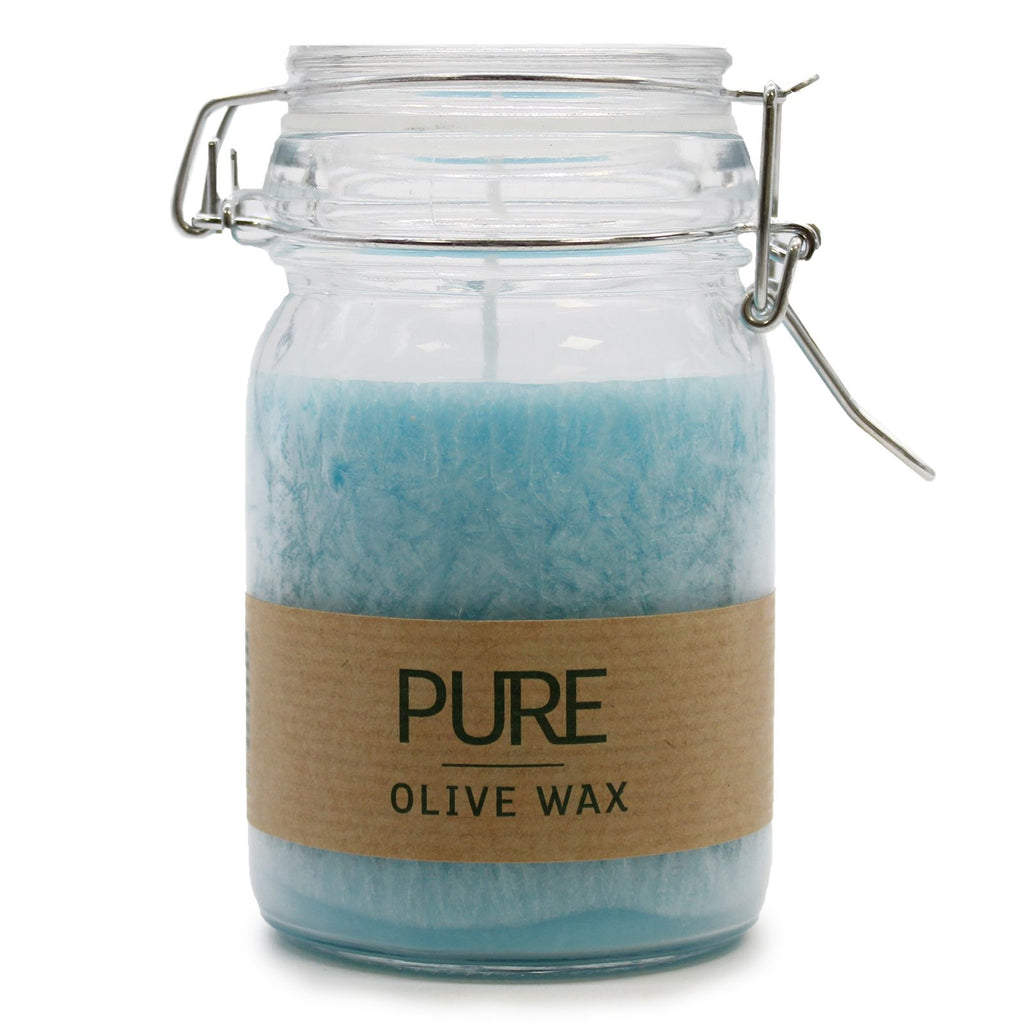Pure Olive Wax Candle in a glass jar with a blue colour for a calming ambiance