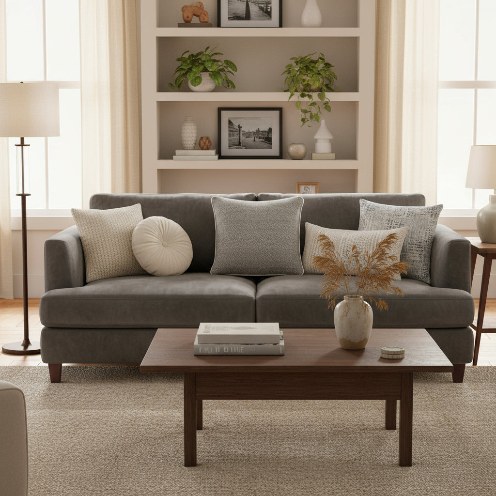Grey Herringbone Pure Wool Cushion With Piped Edge GREY WOOL Shades 4 Seasons