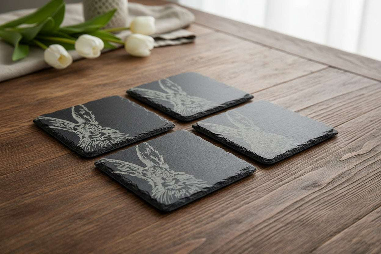 Selbrae House Slate Placemat Set featuring elegant hare designs on a rustic wooden table