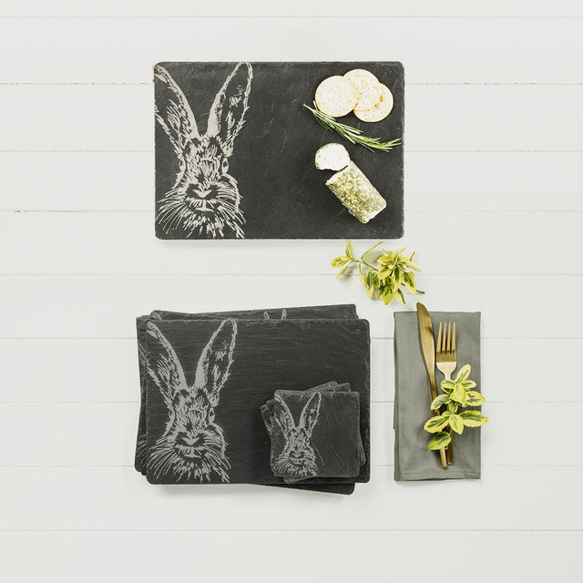 Selbrae House Slate Placemat and Coaster Set with Engraved Rabbit Design for Dining Decor