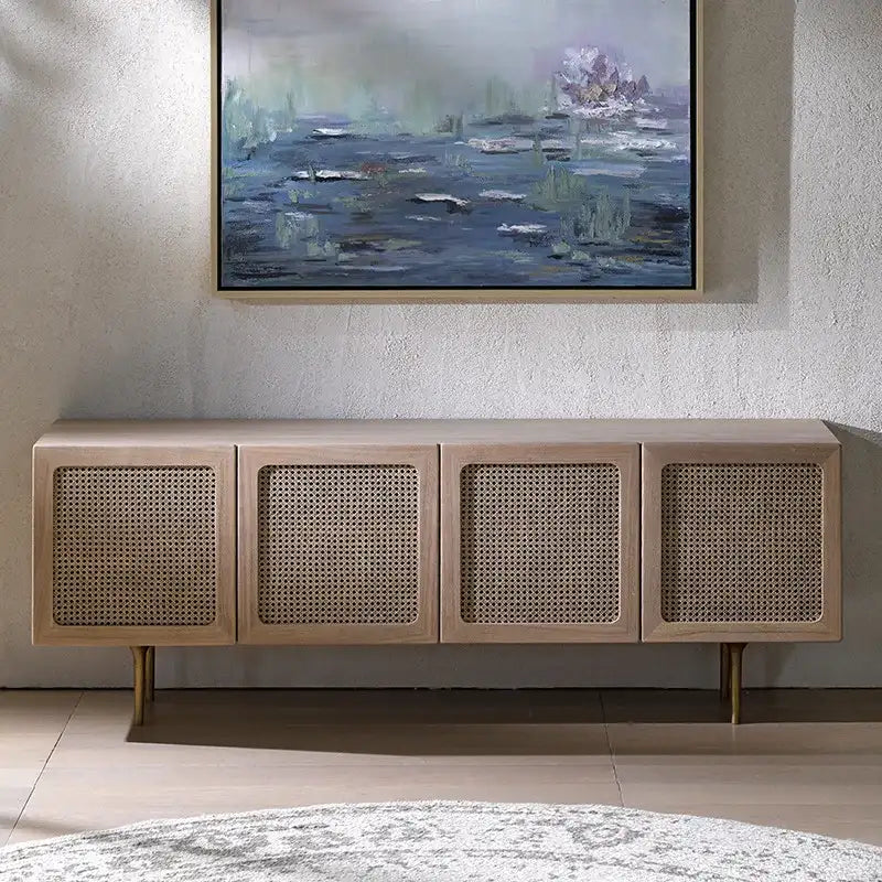 Nisu Home Modern Cabinet with Rattan Detailing and Wooden Finish, Perfect for Stylish Interiors