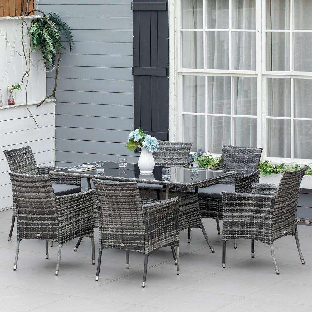 Rattan Garden Furniture Dining Set 6-seater Patio Rectangular Table Cube Chairs Outsunny