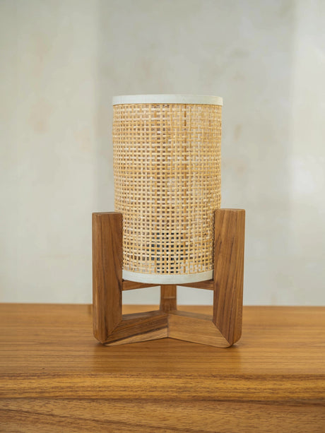 Elegant Rattan Lamp with Wooden Stand, Perfect for Home Decoration and Ambient Lighting