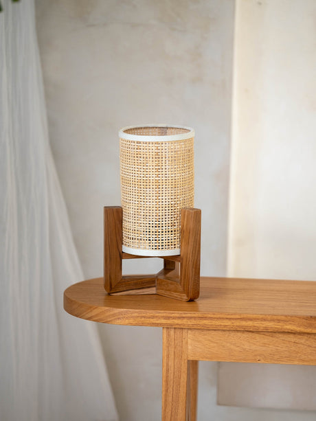Stylish Rattan Lamp with Wooden Stand, Perfect for Modern Home Decor