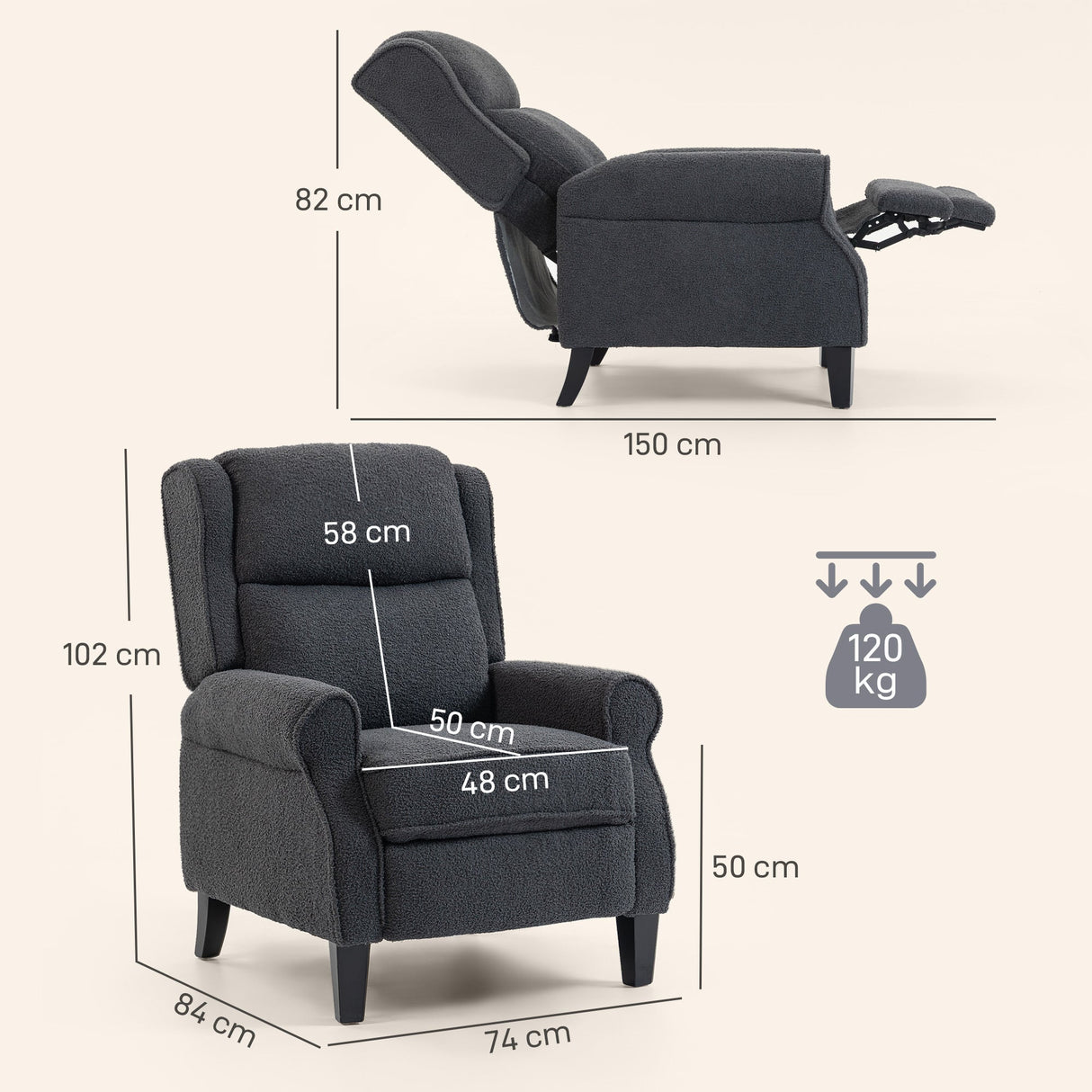 Wise Galleria Recliner Armchair in grey fabric with adjustable backrest and sturdy design