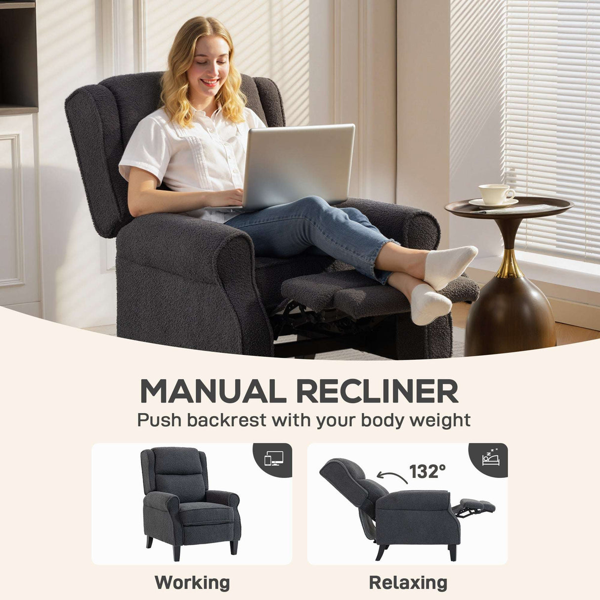 Wise Galleria Recliner Armchair in Grey, perfect for relaxing or working with a push-back mechanism