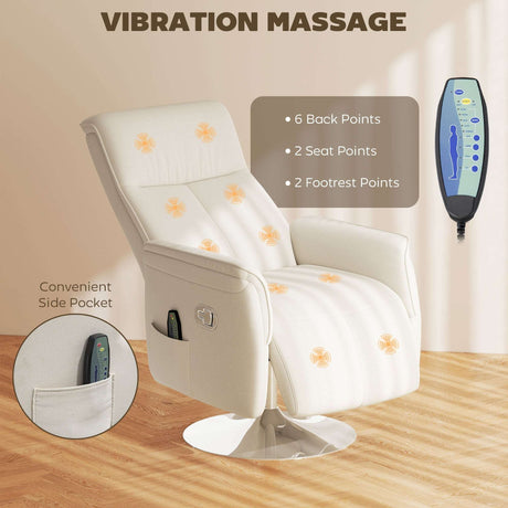White recliner armchair featuring vibration massage with 6 back points, 2 seat points, and footrest