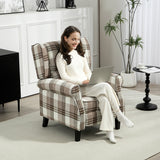 Comfortable reclining armchair in plaid design, perfect for relaxing while using a laptop