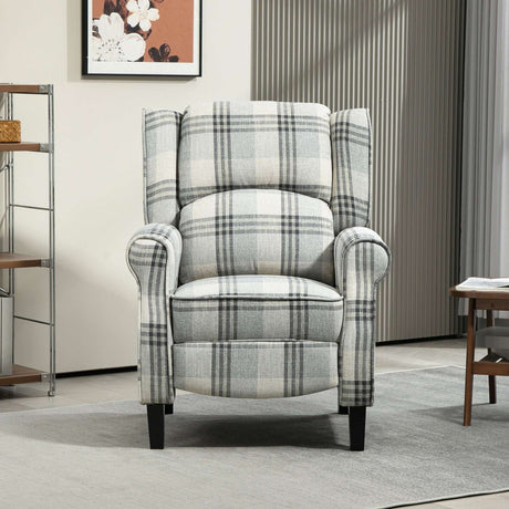 Comfortable reclining armchair in grey plaid fabric, ideal for living rooms and relaxation