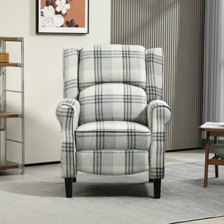 Comfortable reclining armchair in grey plaid fabric, ideal for living rooms and relaxation