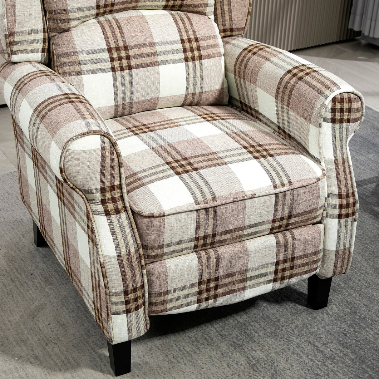 Stylish reclining armchair by Wise Galleria with a plaid pattern for comfortable seating